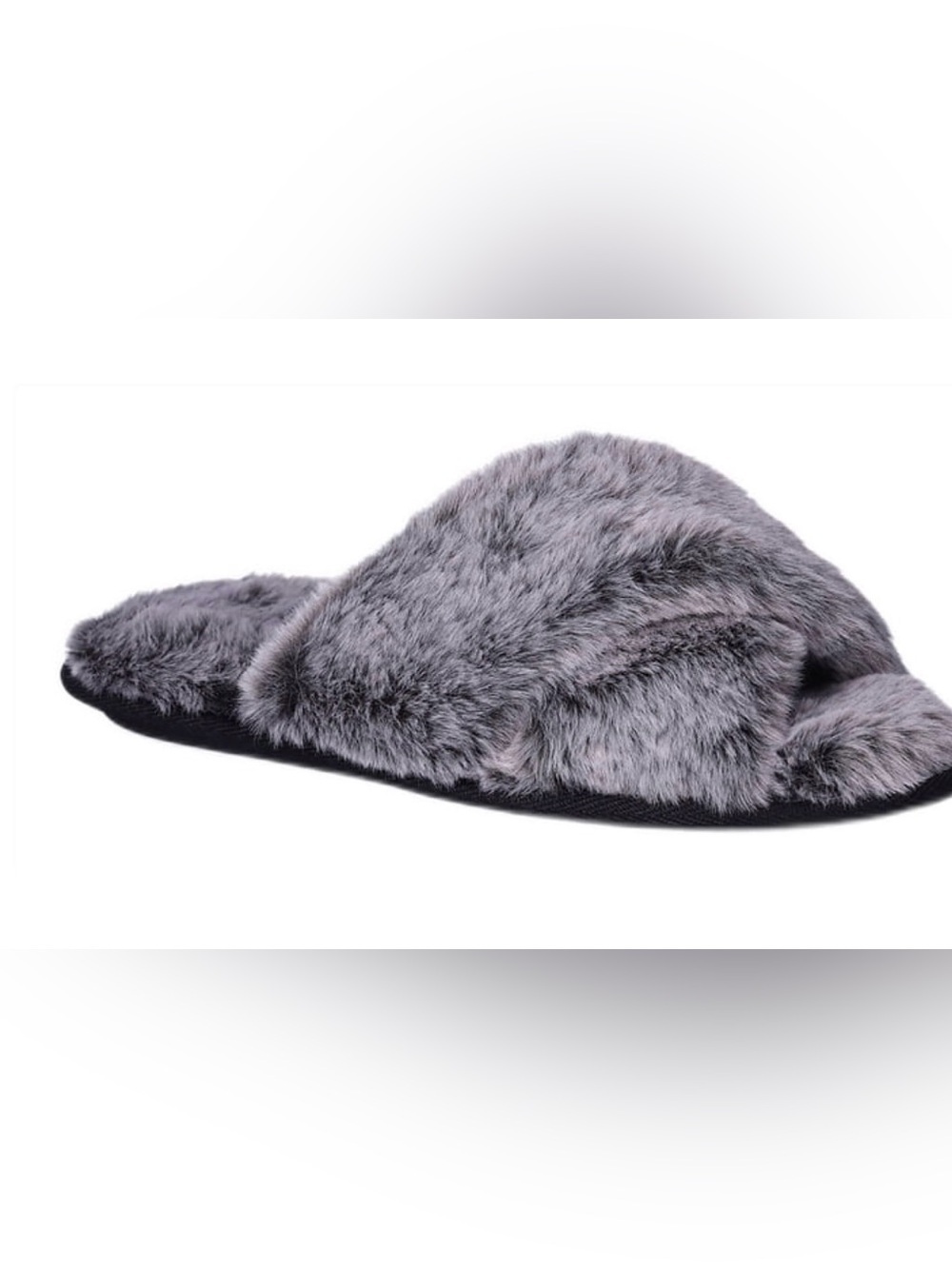 JOYSPUN Women's Plush Gray Faux-Fur Crossband Slide Slippers